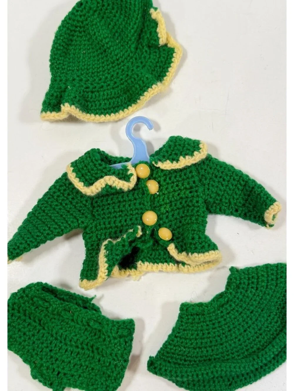 Vintage Mary Hoyer Doll Crocheted Winter Outfit Green White Trim Purse Hat READ